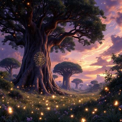 The primary subject of the image is a large tree with a clock on it, surrounded by a forest of trees. The setting is a lush, green forest with a purple sky in the background. The visual style is a digital art or illustration, creating a surreal and magical atmosphere. The dominant colors are purple and green, with the purple sky and green trees creating a serene and enchanting mood.